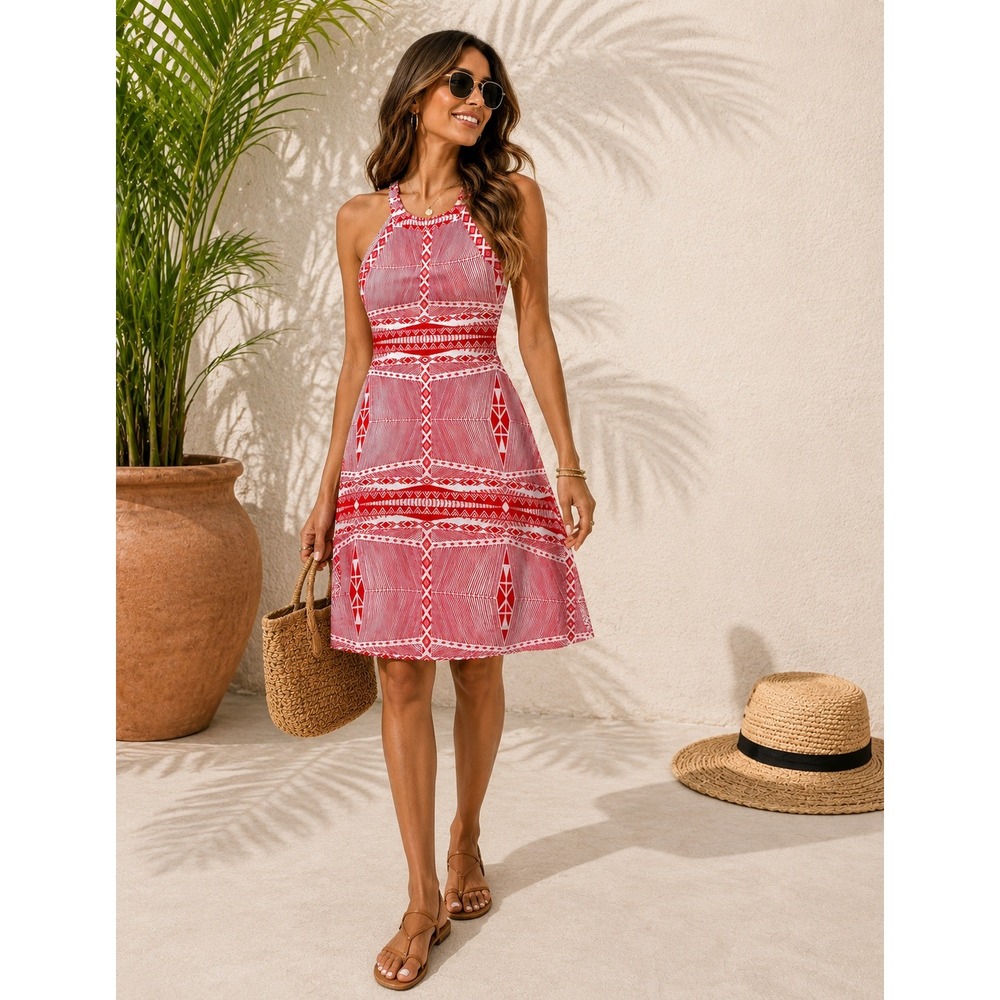 Yoana Baraschi Terracotta Geometric Fit Flare Midi Dress Small